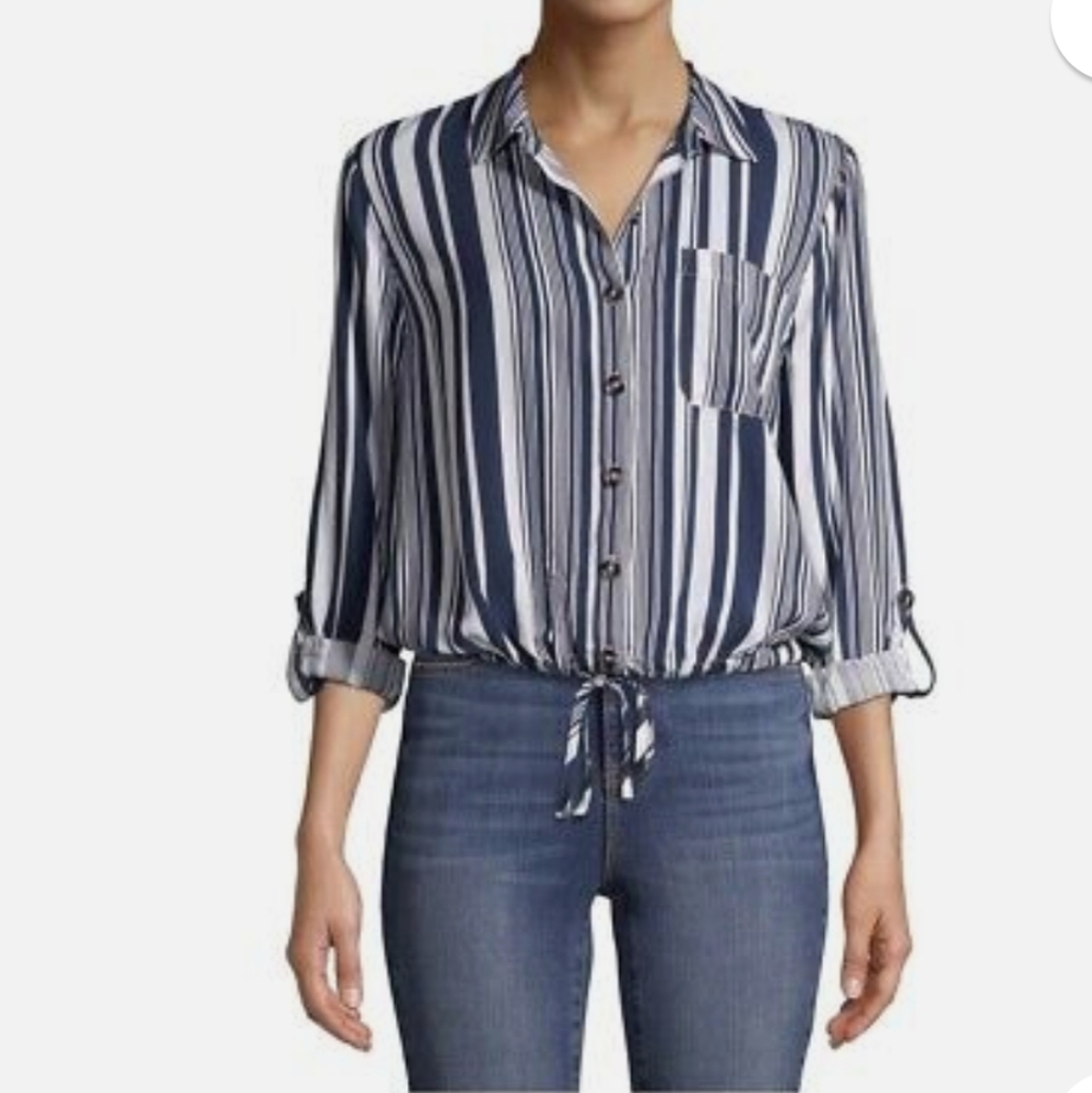 SALE Navy Blue and White Striped NoBo No Boundaries Tie Front Drawstring Top Sm